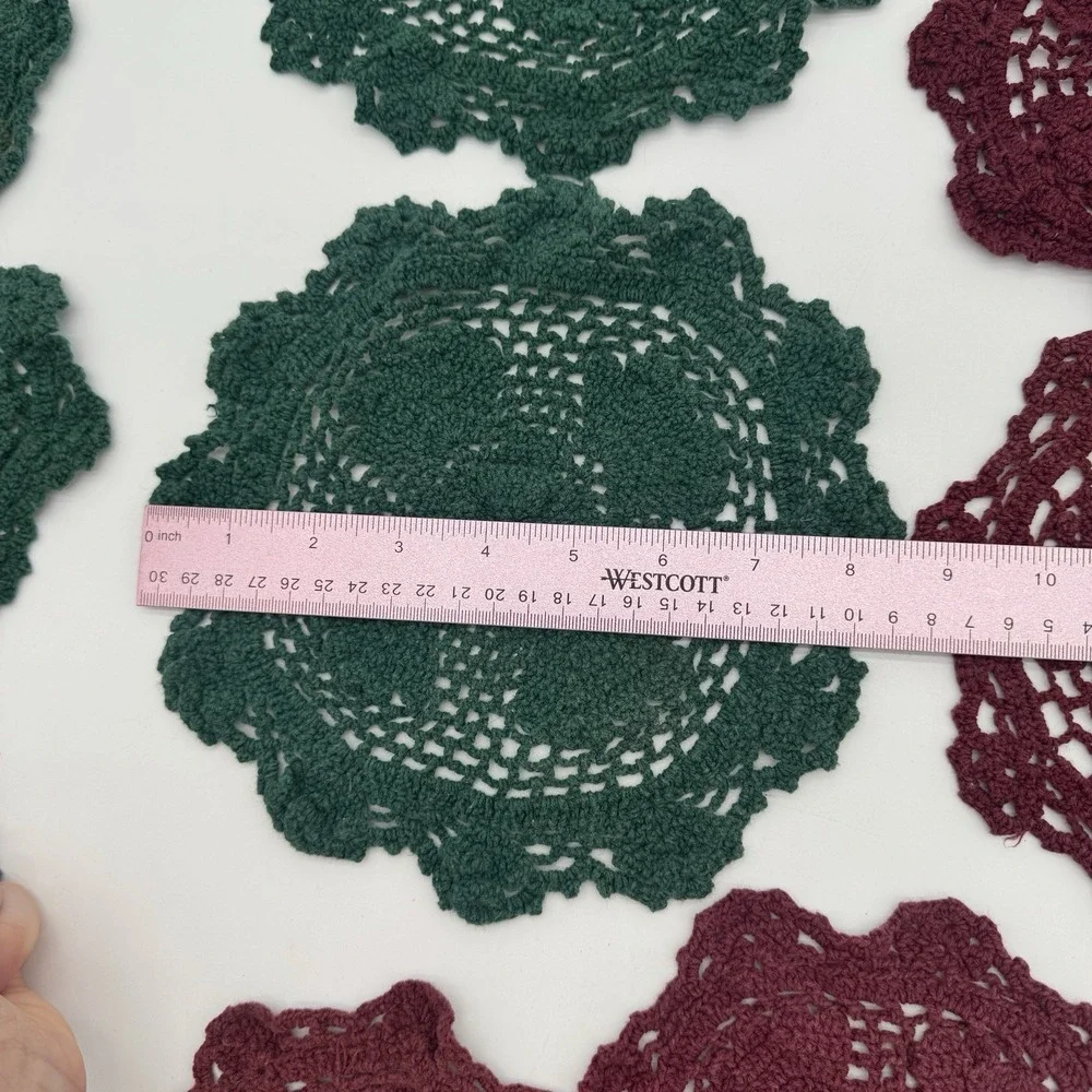 Vintage Crochet Doilies Lot 13 Green Burgundy‎ Cotton Holiday Cottagecore